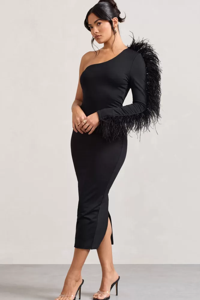 Club L London Wild One | One-Shoulder Bodycon Midi Dress With Feather-Trimmed Sleeve BLACK Best Sale