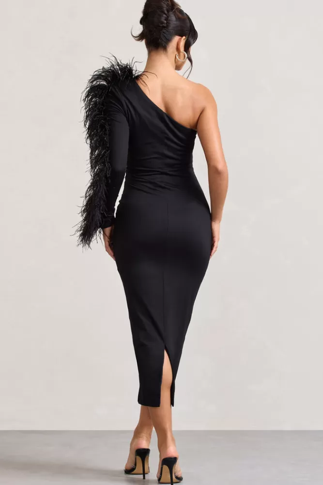 Club L London Wild One | One-Shoulder Bodycon Midi Dress With Feather-Trimmed Sleeve BLACK Best Sale