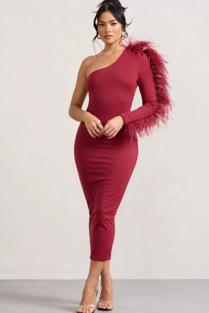 Club L London Wild One | One-Shoulder Bodycon Midi Dress With Feather-Trimmed Sleeve BURGUNDY Shop