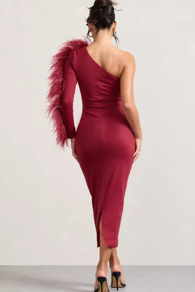 Club L London Wild One | One-Shoulder Bodycon Midi Dress With Feather-Trimmed Sleeve BURGUNDY Shop