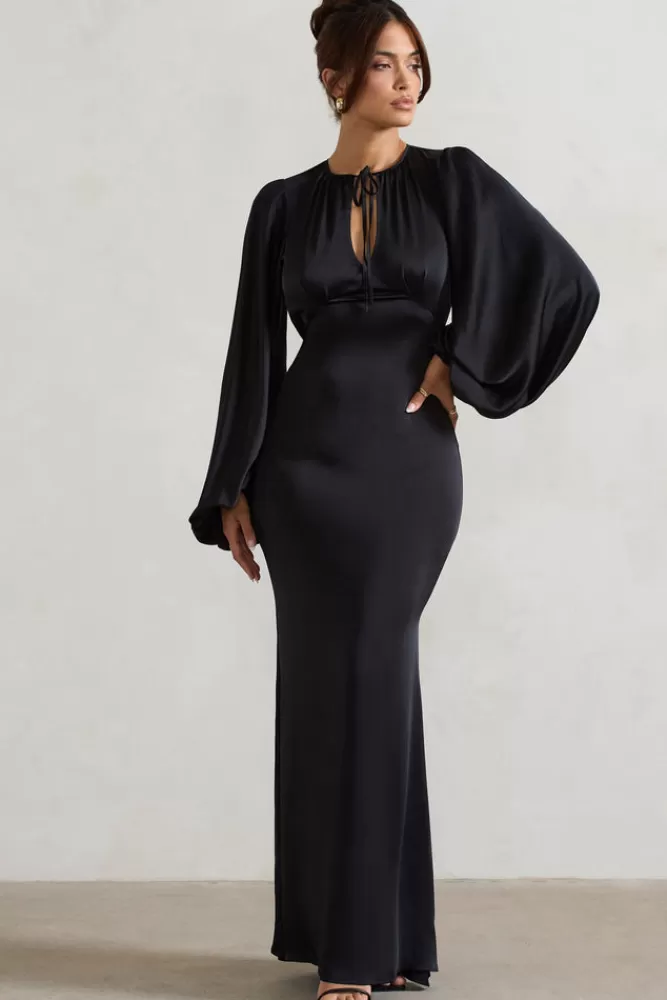 Club L London Wild Rose | Satin Puff-Sleeve Cut-Out Maxi Dress BLACK Shop