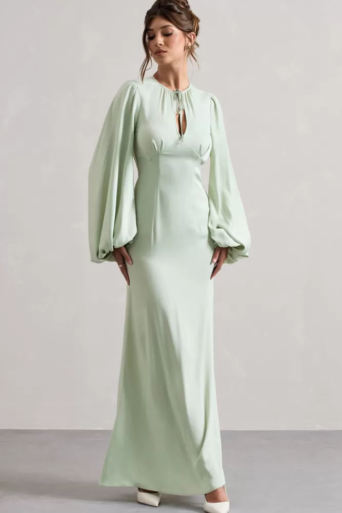 Club L London Wild Rose | Light Green Puff-Sleeve Cut-Out Maxi Dress SOFTGREEN Clearance