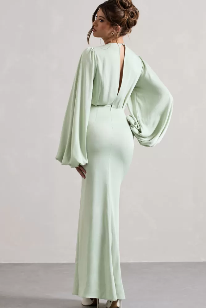 Club L London Wild Rose | Light Green Puff-Sleeve Cut-Out Maxi Dress SOFTGREEN Clearance