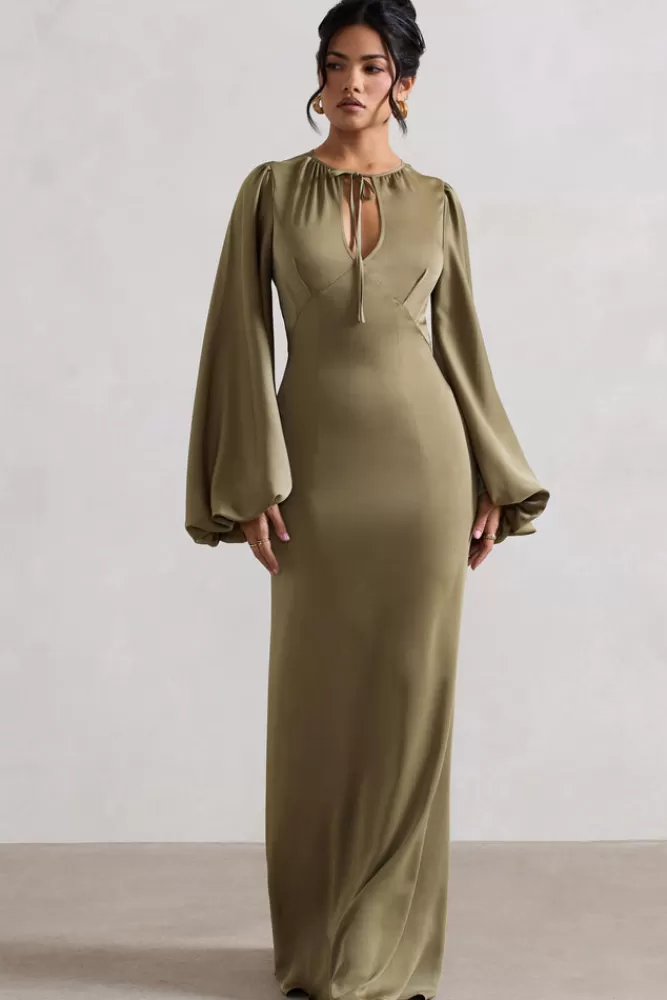 Club L London Wild Rose | Satin Puff-Sleeve Cut-Out Maxi Dress OLIVE Online