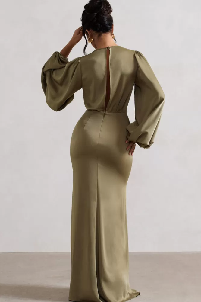 Club L London Wild Rose | Satin Puff-Sleeve Cut-Out Maxi Dress OLIVE Online