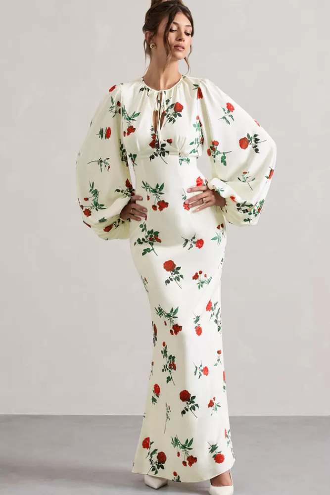 Club L London Wild Rose | Rose Print Satin Puff-Sleeve Cut-Out Maxi Dress ROSEPRINT Store