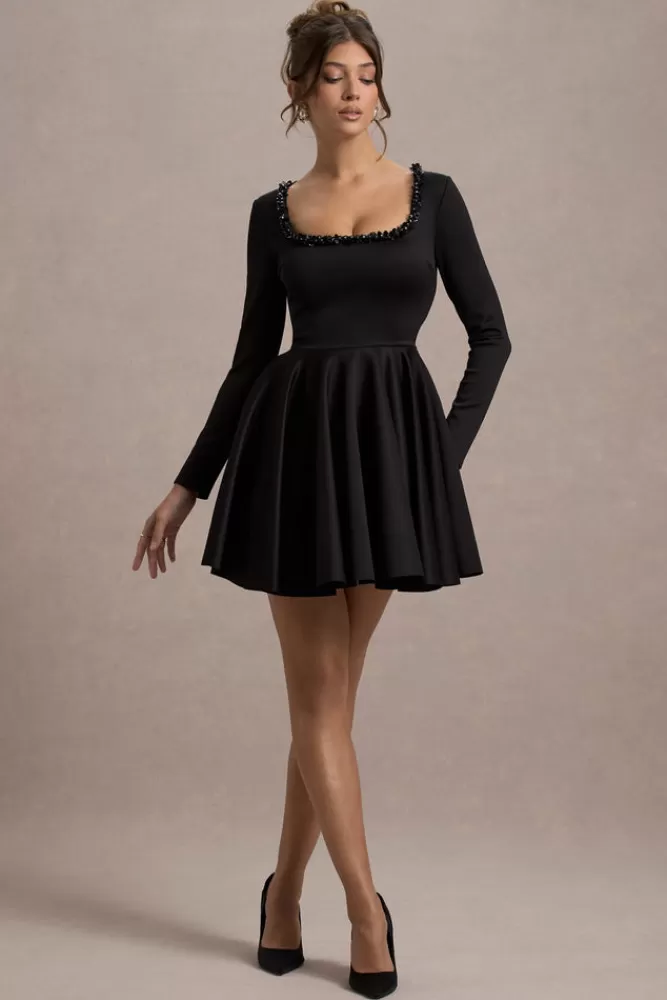 Club L London Wilder | Square-Neck Long-Sleeve Skater Mini Dress BLACK Fashion