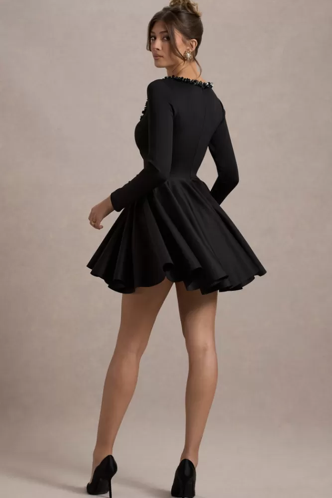 Club L London Wilder | Square-Neck Long-Sleeve Skater Mini Dress BLACK Fashion