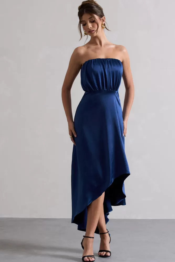 Club L London Willa | Satin Bandeau Maxi Dress With Asymmetric Hem NAVY Fashion