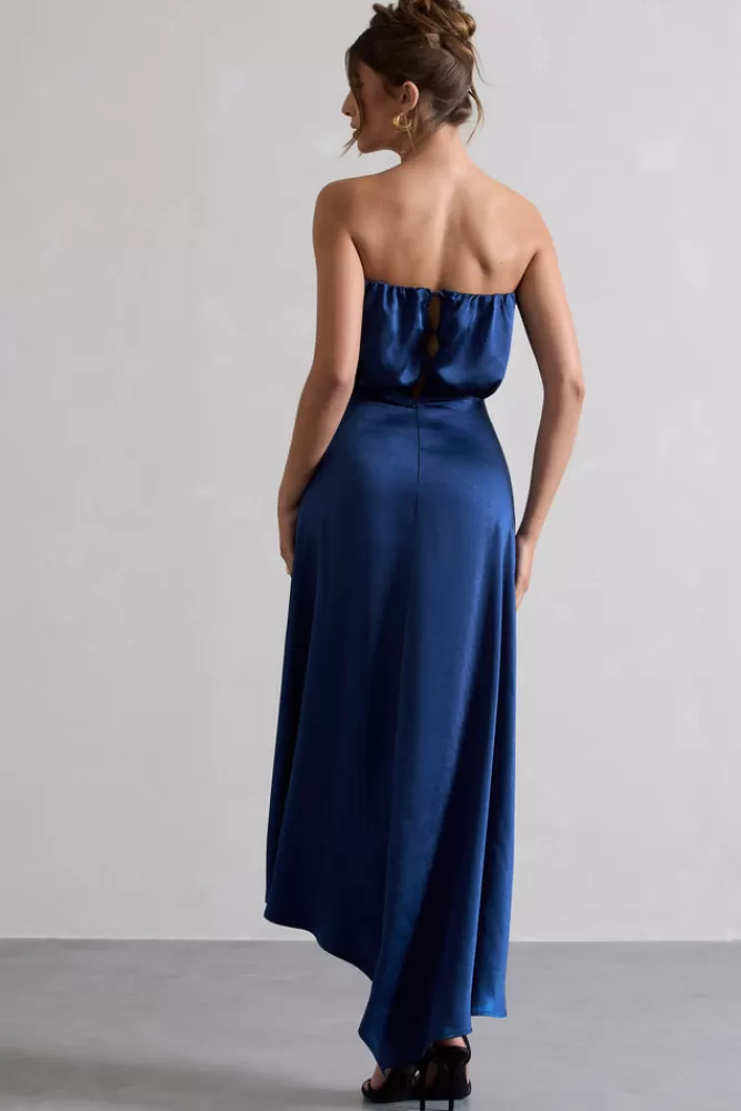 Club L London Willa | Satin Bandeau Maxi Dress With Asymmetric Hem NAVY Fashion