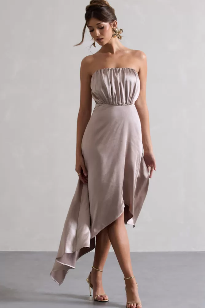 Club L London Willa | Satin Bandeau Maxi Dress With Asymmetric Hem TAUPE Cheap