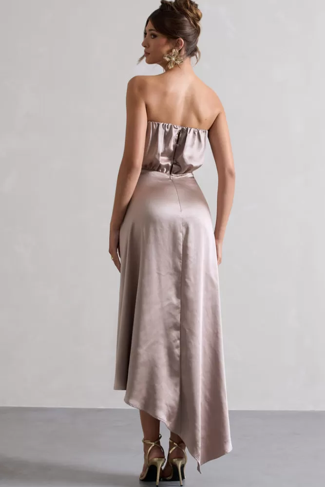 Club L London Willa | Satin Bandeau Maxi Dress With Asymmetric Hem TAUPE Cheap