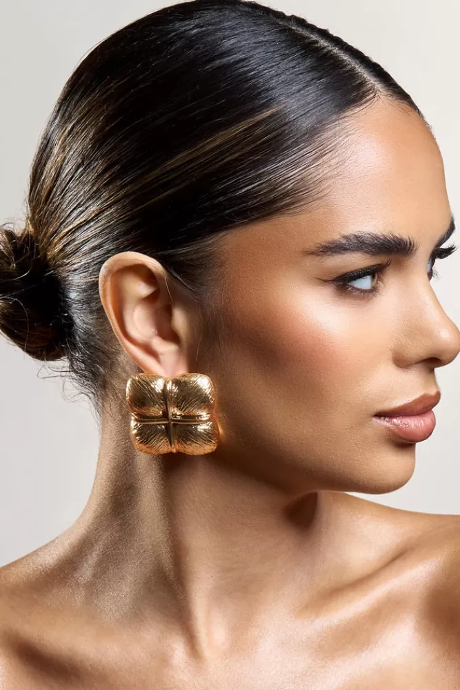 Club L London Winifred | Textured Square Statement Earrings GOLD Cheap