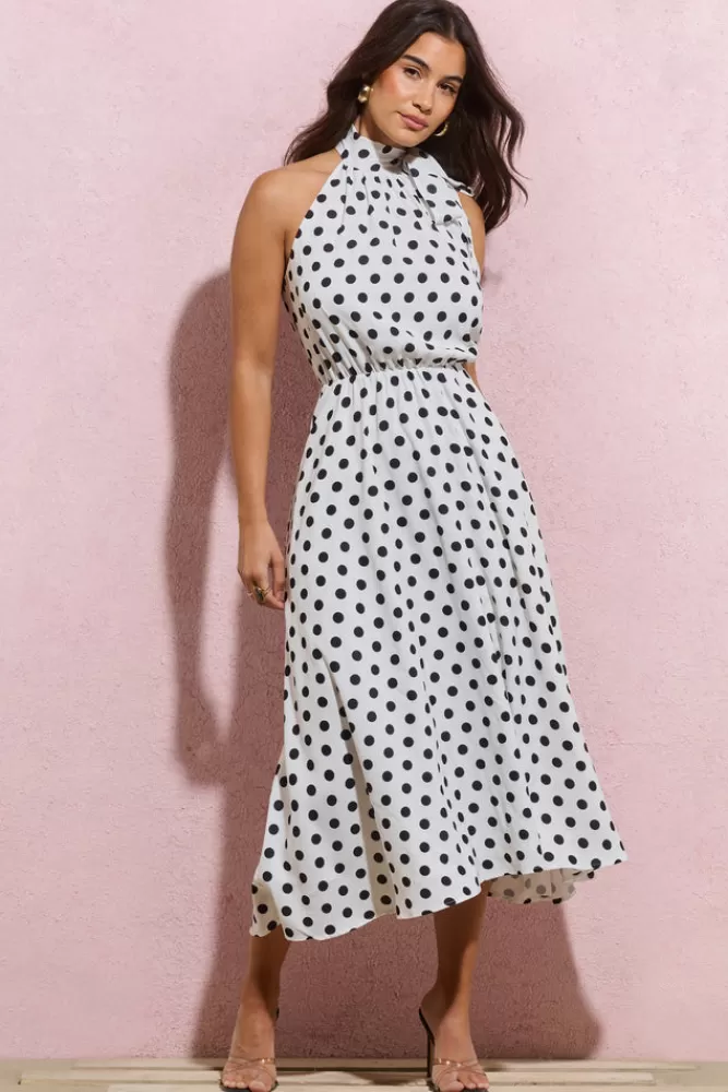 Club L London Winona | White Polka Dot High-Neck Split Midi Dress With Bow WHITEPOLKADOT Sale