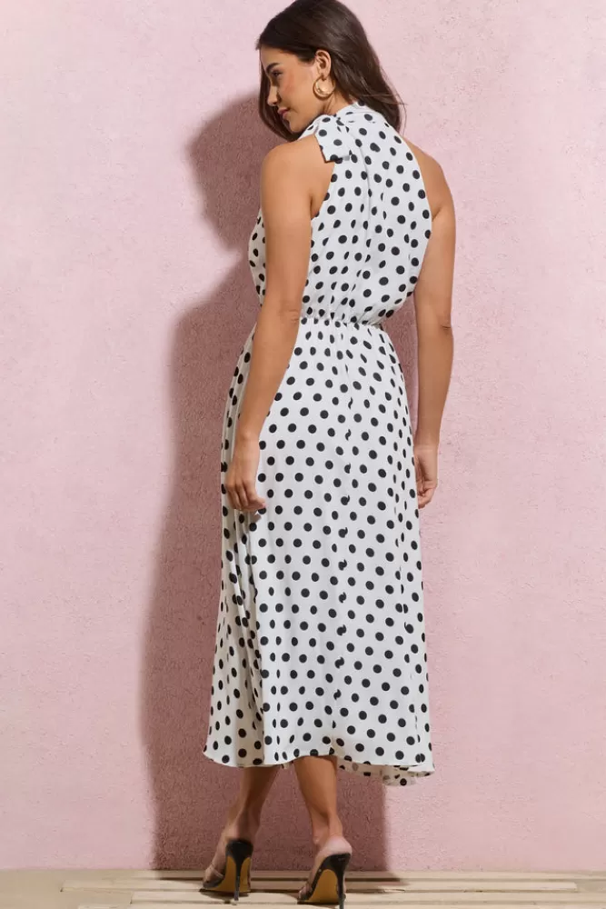 Club L London Winona | White Polka Dot High-Neck Split Midi Dress With Bow WHITEPOLKADOT Sale