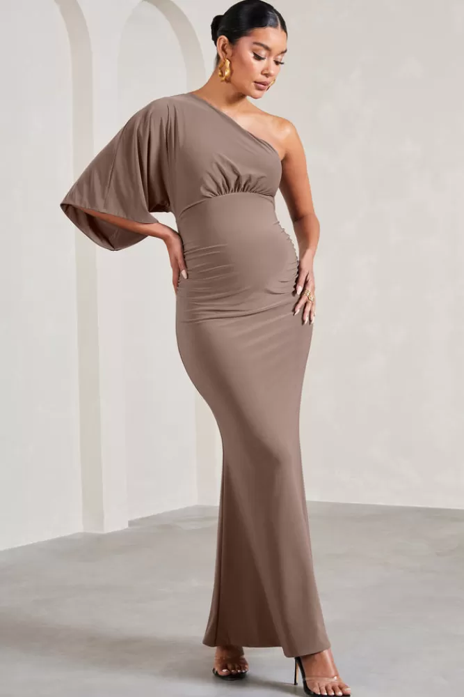 Club L London Wisdom | Ruched Asymmetric One-Shoulder Maternity Maxi Dress MOCHA Best Sale