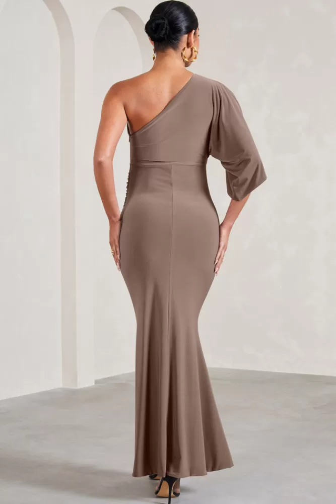 Club L London Wisdom | Ruched Asymmetric One-Shoulder Maternity Maxi Dress MOCHA Best Sale