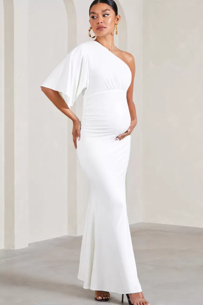 Club L London Wisdom | Ruched Asymmetric One-Shoulder Maternity Maxi Dress WHITE Cheap