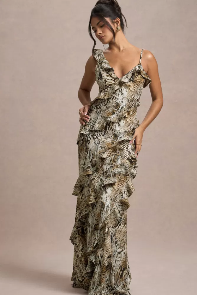 Club L London Wispy | Snake Print Plunge-Neck Ruffled Maxi Dress SNAKEPRINT Shop