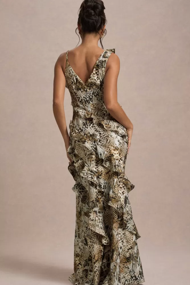 Club L London Wispy | Snake Print Plunge-Neck Ruffled Maxi Dress SNAKEPRINT Shop