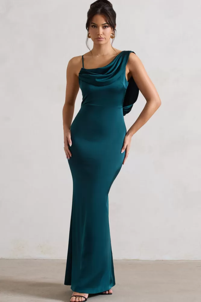 Club L London Wistful | Dark Green Satin Asymmetric Cowl-Neck Maxi Dress FORESTGREEN Cheap