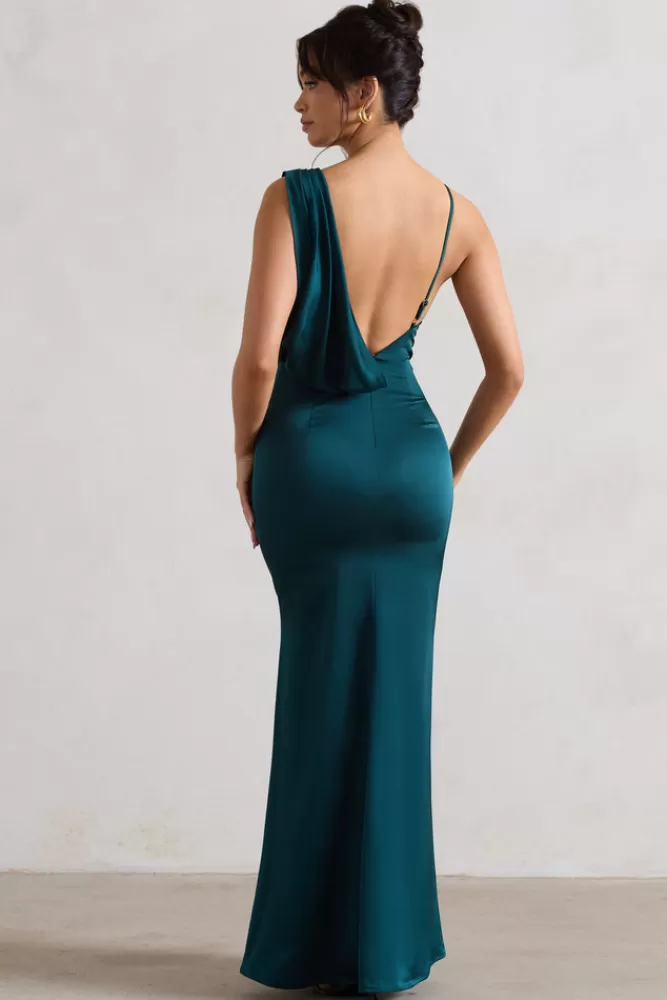 Club L London Wistful | Dark Green Satin Asymmetric Cowl-Neck Maxi Dress FORESTGREEN Cheap