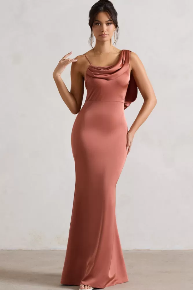 Club L London Wistful | Satin Asymmetric Cowl-Neck Maxi Dress RUST Online