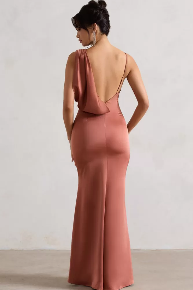 Club L London Wistful | Satin Asymmetric Cowl-Neck Maxi Dress RUST Online