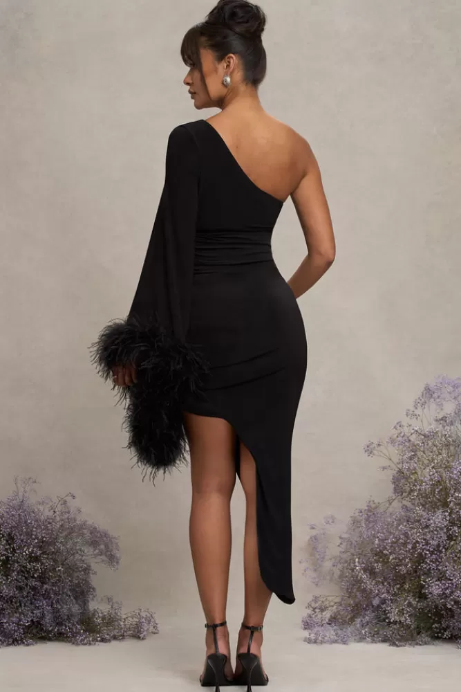 Club L London With A Flourish | Asymmetric One-Sleeved Maternity Maxi Dress With Feathers BLACK Best