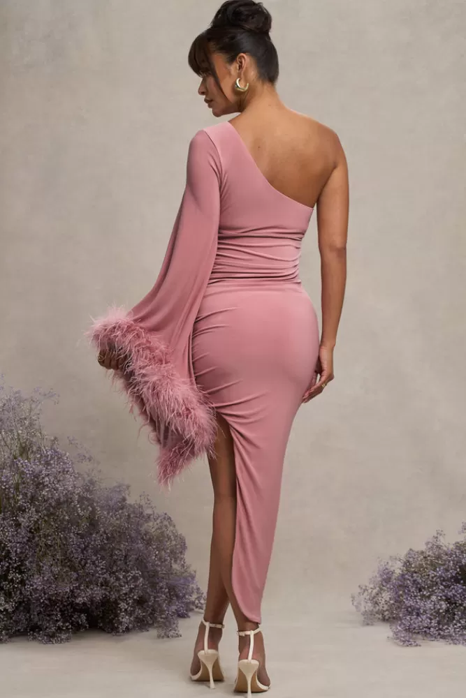 Club L London With A Flourish | Pink Asymmetric One-Sleeved Maternity Maxi Dress With Feathers BLUSHPINK Cheap