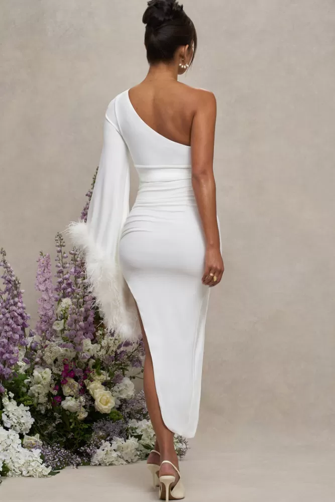 Club L London With A Flourish | Asymmetric One-Sleeved Maternity Maxi Dress With Feathers WHITE Online