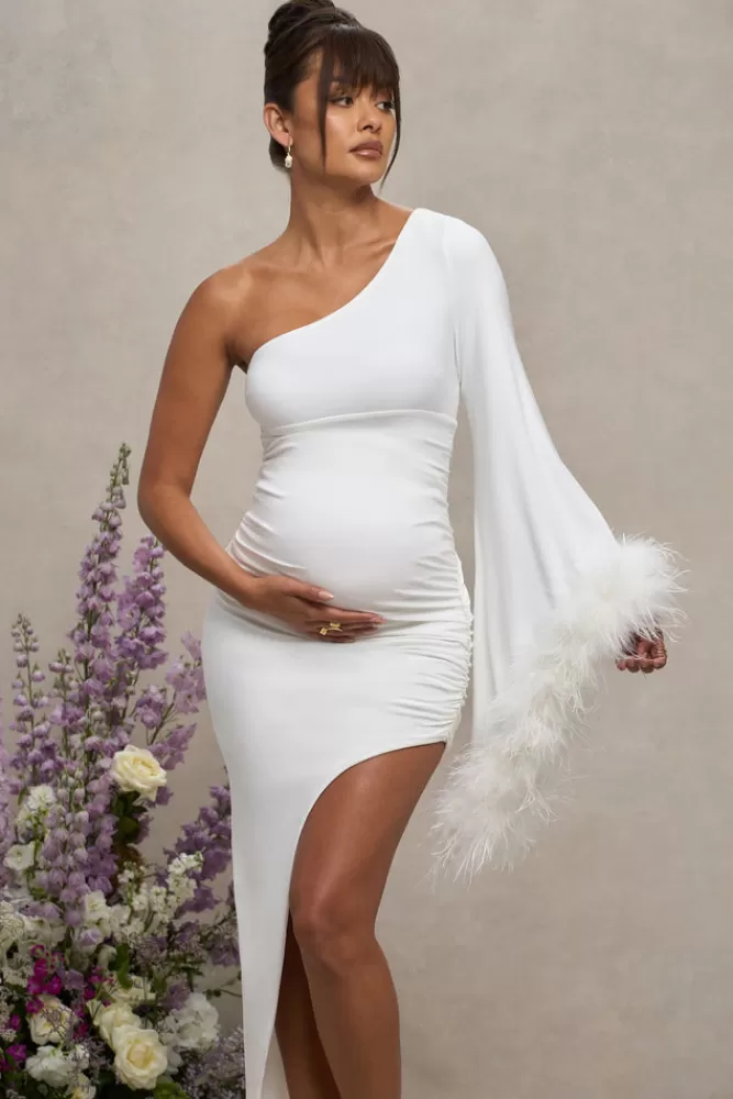 Club L London With A Flourish | Asymmetric One-Sleeved Maternity Maxi Dress With Feathers WHITE Online