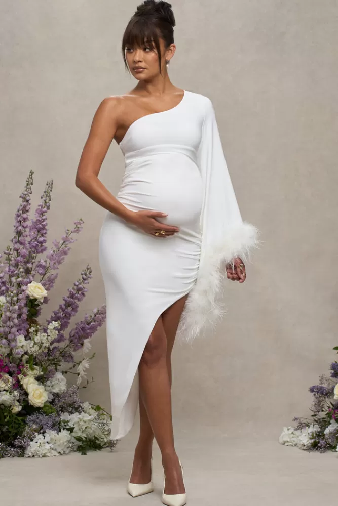 Club L London With A Flourish | Asymmetric One-Sleeved Maternity Maxi Dress With Feathers WHITE Online