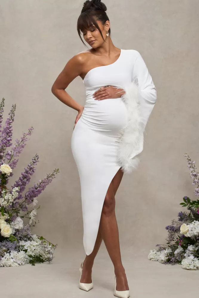 Club L London With A Flourish | Asymmetric One-Sleeved Maternity Maxi Dress With Feathers WHITE Online