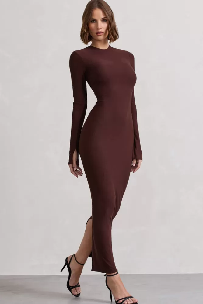 Club L London Wonder | Chocolate Brown Bodycon Long-Sleeve Maxi Dress CHOCOLATEDRIZZLE New