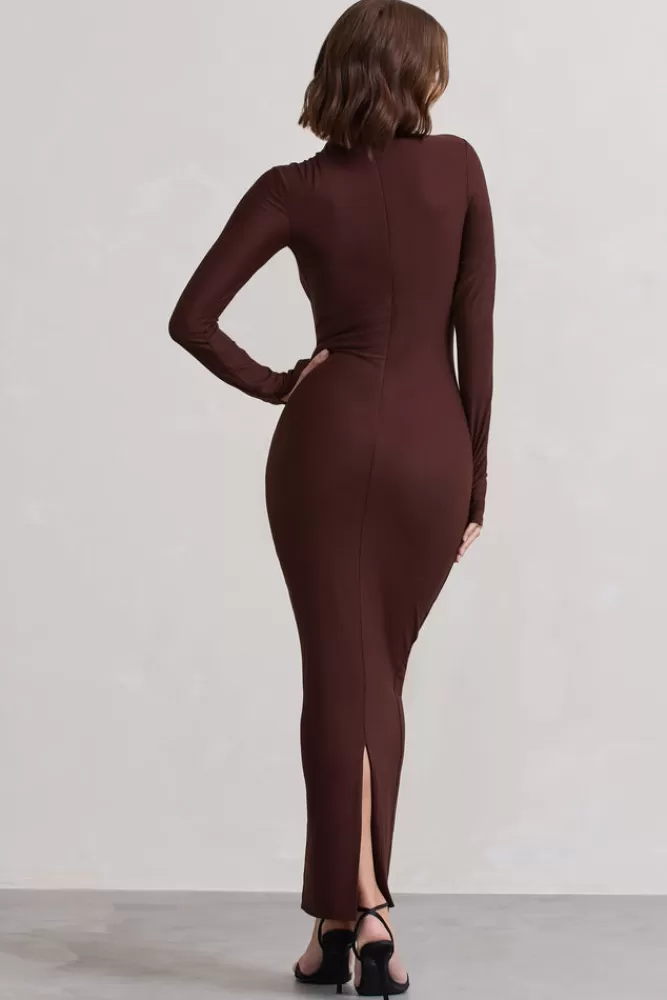 Club L London Wonder | Chocolate Brown Bodycon Long-Sleeve Maxi Dress CHOCOLATEDRIZZLE New