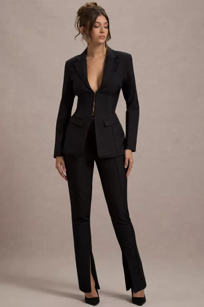 Club L London Wonder Woman | High Waist Straight Leg Trousers With Hem Split BLACK Online