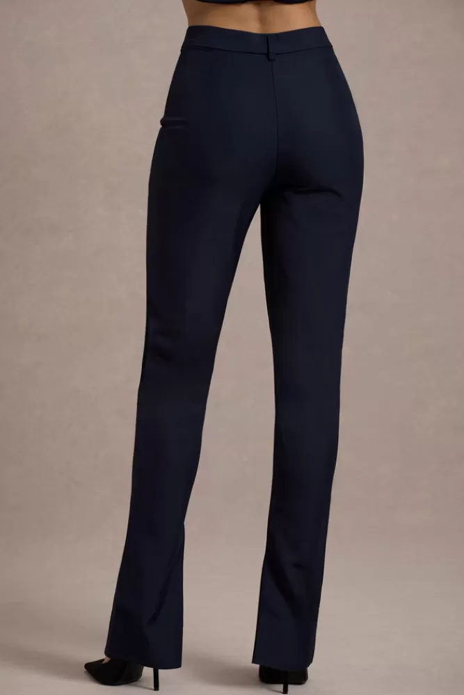 Club L London Wonder Woman | High Waist Straight Leg Trousers With Hem Split NAVY Best