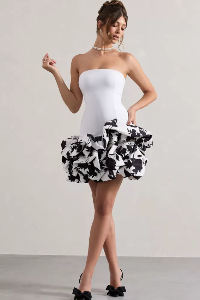 Club L London Work Of Art | Cream Floral Print Strapless Ruffle Mini Dress CREAM&MONOFLORAL Sale
