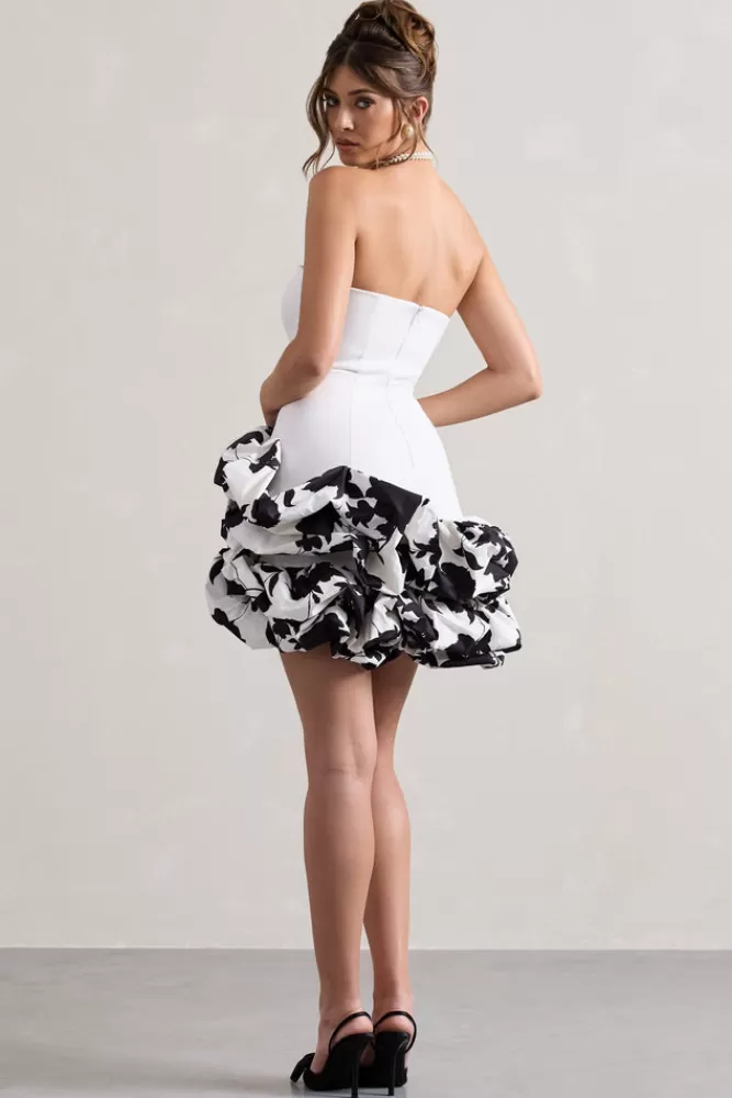 Club L London Work Of Art | Cream Floral Print Strapless Ruffle Mini Dress CREAM&MONOFLORAL Sale