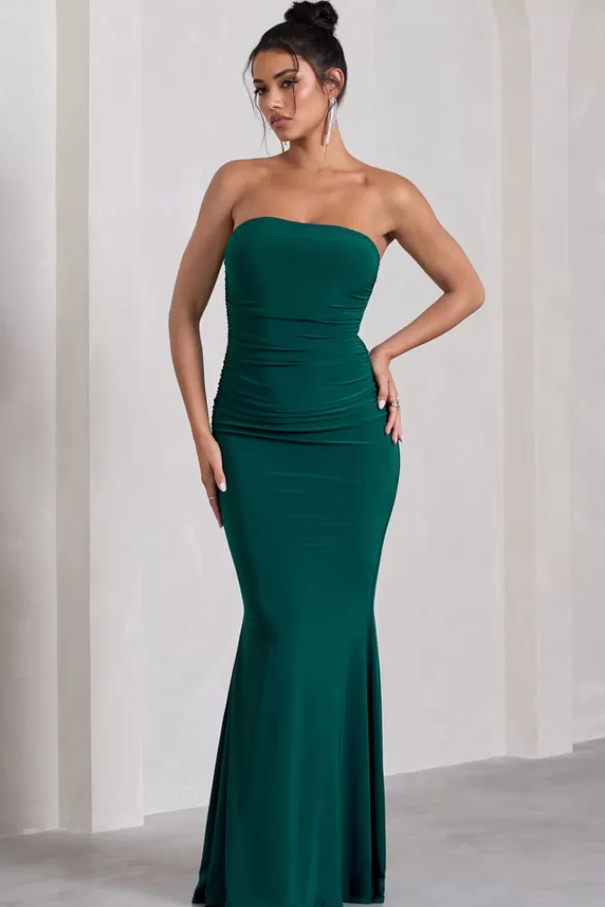 Club L London Wren | Bottle Green Ruched Bandeau Maxi Dress BOTTLEGREEN Fashion