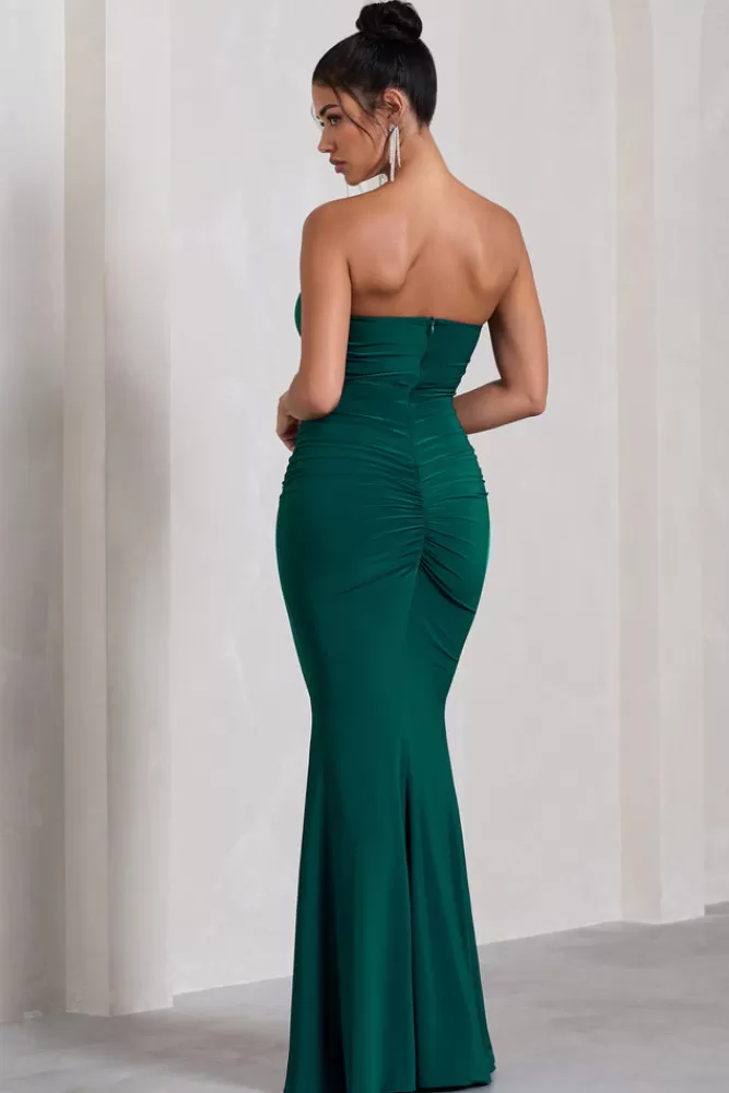 Club L London Wren | Bottle Green Ruched Bandeau Maxi Dress BOTTLEGREEN Fashion