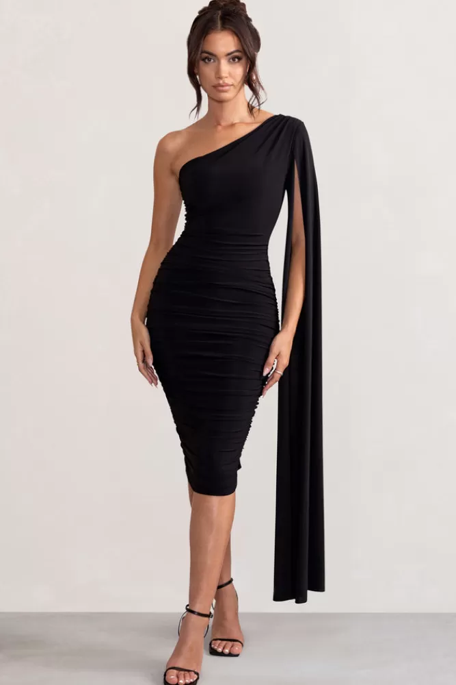 Club L London Yara | One Shoulder Cape Ruched Midi Dress Black Outlet