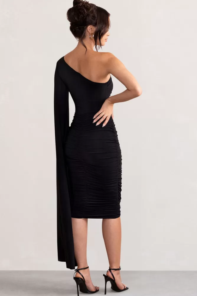 Club L London Yara | One Shoulder Cape Ruched Midi Dress Black Outlet