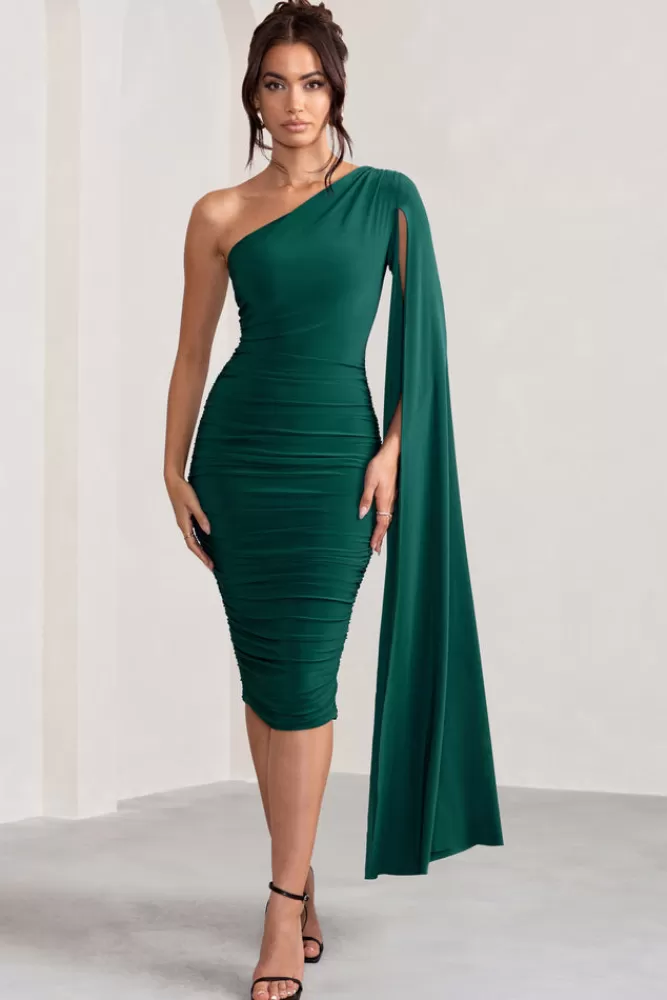 Club L London Yara | Bottle Green One Shoulder Cape Ruched Midi Dress BottledGreen Best Sale