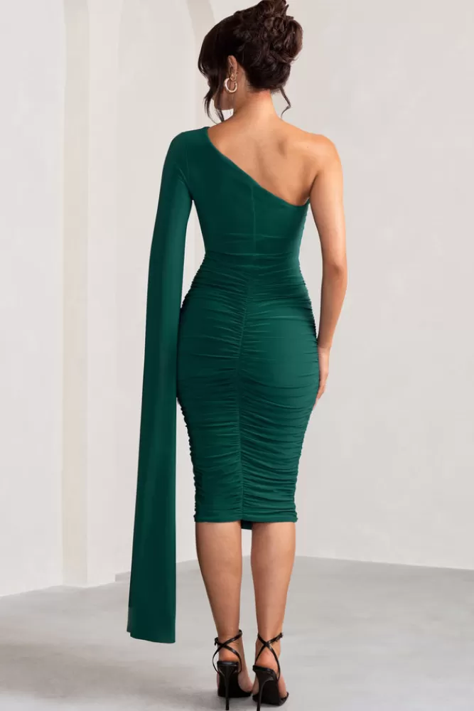 Club L London Yara | Bottle Green One Shoulder Cape Ruched Midi Dress BottledGreen Best Sale