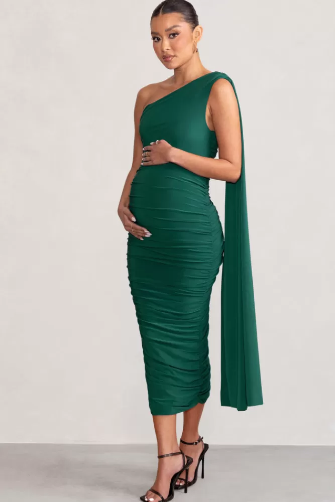 Club L London Yara | Bottle Green One Sleeve Ruched Maternity Midi Dress with Cape Sleeve BOTTLEGREEN Cheap