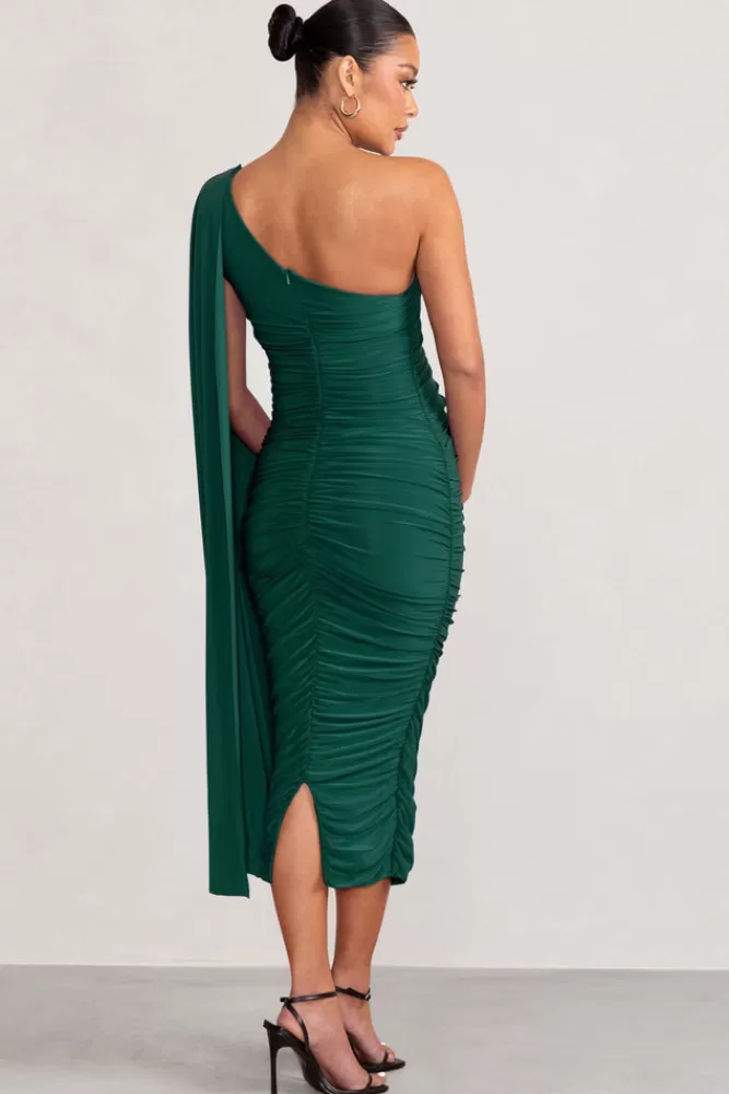 Club L London Yara | Bottle Green One Sleeve Ruched Maternity Midi Dress with Cape Sleeve BOTTLEGREEN Cheap