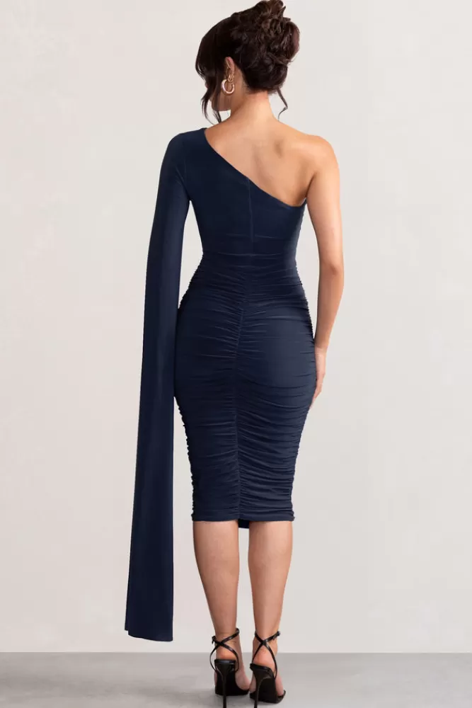 Club L London Yara | One Shoulder Cape Ruched Midi Dress NAVY Online