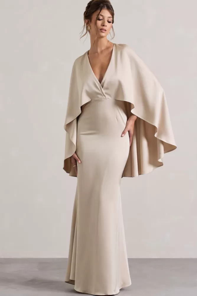 Club L London Yasie | Satin Plunge-Neck Maxi Dress With Cape Sleeves CHAMPAGNE Hot